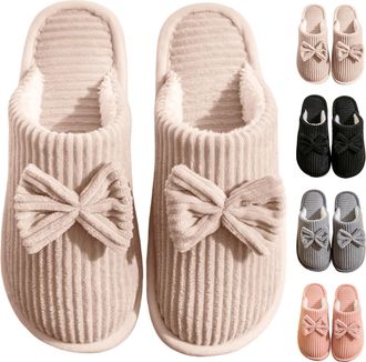 Generic Womens Slip-On Winter Slippers, Cozy & Warm Bedroom Slippers for Women Chic Bow Indoor Shoes with Non-Slip EVA Sole (Beige,6.5-7.5UK)