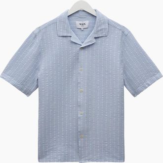 Wax London Mens Wax London Didcot Seersucker Stripe Short Sleeve Shirt - Blue - Size: 38/Regular