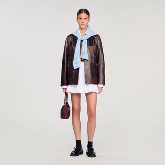 Sandro Cazadora larga de cuero envejecido