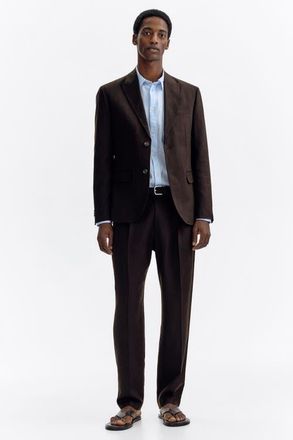 H&M Regular Fit Tailored Linen-blend Trousers in Dark Brown at Nordstrom, Size 38