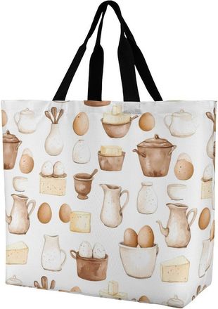 Generic Watercolor Breakfast Eggs Reusable Shopping Bags Large Capacity Grocery Bag Heavy Duty Tote for Women 40x40x16cm
