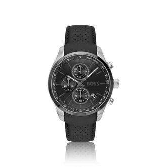 BOSS Leather-strap chronograph watch with black dial