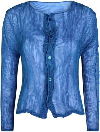 Issey Miyake Uni-form Pleated Sheer Chiffon Blouse - Blue - 2