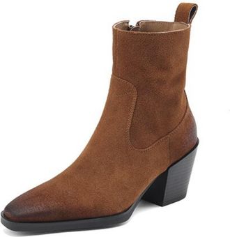Generic Womens Pointed Toe Ankle Boots Suede Upper Western Style Block Heels Slip On Pull Tab Soft Comfortable Cushioned Insole Flexible Fit Durable,Brown,6.5