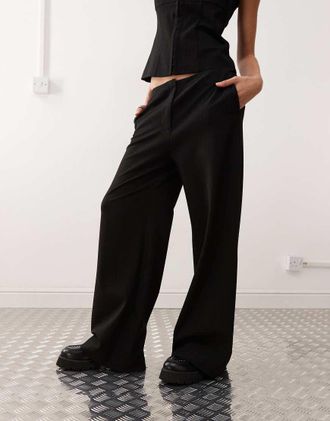 Weekday wide leg pants with waistband detail in black pinstripe