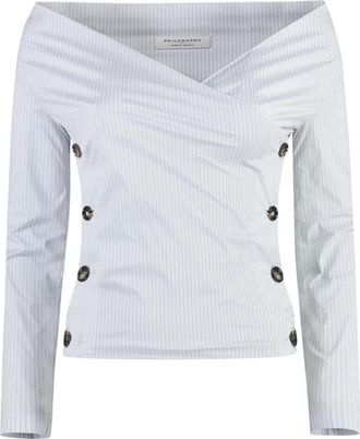 Philosophy di Lorenzo Serafini Off-Shoulder Gestreepte Top - Dames - Blouses - Blauw - M - Overhemden