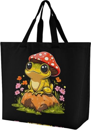 Generic Cute Frog Wearing Mushroom Hat Large Reusable Shopping Bag Lightweight Foldable Tote Bags Washable Shoulder Handbag
