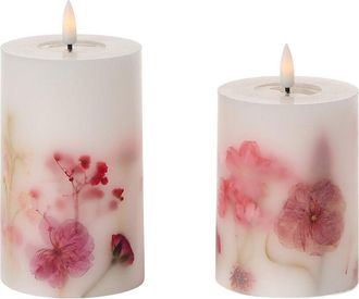 Two's Company Set Of 2 Flickering Flameless Wax Pillar Candles With Pressed Flowers & Melt Pool Effect