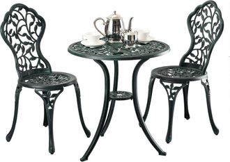Relaxdays Relaxdays 3-Piece Garden Furniture Set, Table & 2 Chairs, Cast Aluminium, Balcony Set with Leaf Design, Green