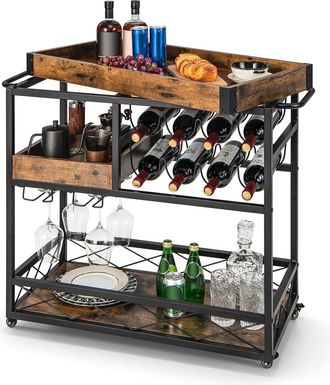 Costway Costway Carrito De Servicio De Bar, Carrito De Barra Rodante De 3 Niveles Con Bandeja Desmontable, Porta Vino Y Soporte De Copas, Carrito De Bebidas C