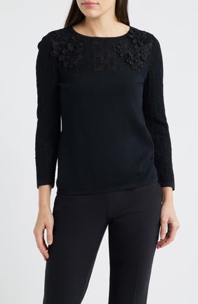 Anne Klein 3D Floral Appliqu&eacute; Yoke Sweater in Anne Black at Nordstrom, Size X-Large