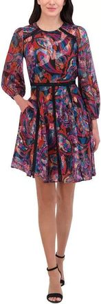 Vince Camuto Fit & Flare Dress Womens Red Paisley 3/4 Sleeve Crew Neck FTS1493