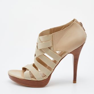 Stuart Weitzman Cream Leather And Elastic Fabric Cross Strap Sandals