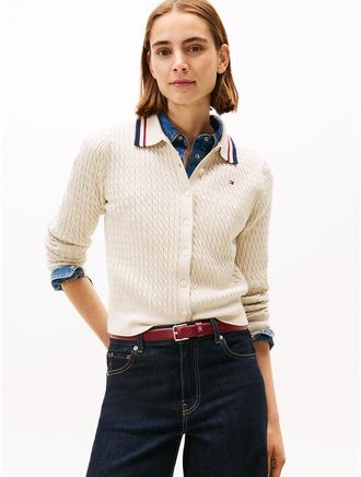 Tommy Hilfiger Womens Cable Knit Polo Cardigan - Beige - XS