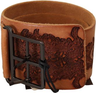 Scervino Street Brown Genuine Leather Black Logo Buckle Womens Belt