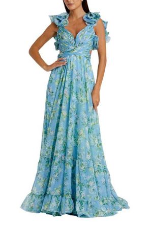 Mac Duggal Ruffle Tiered Floral Cut-Out Chiffon Gown in Blue Multi at Nordstrom, Size 6