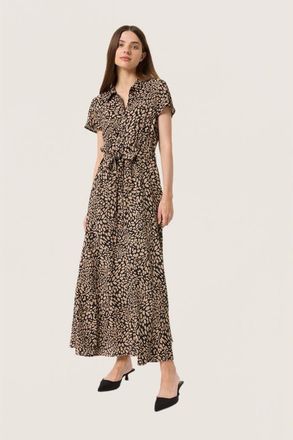 Soaked In Luxury SLNaya Short Sleeves Button Maxi Dress in Black With Brown Dots at Nordstrom, Size X-Small
