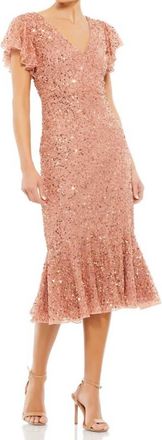 Mac Duggal Sequined V Neck Flutter Cap Sleeve Trumpet Dress In Rose/gold