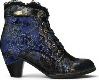 Laura Vita Womens Floral Goth Victorian Blue Leather Heeled Ankle Boots - Alcizeeo-190