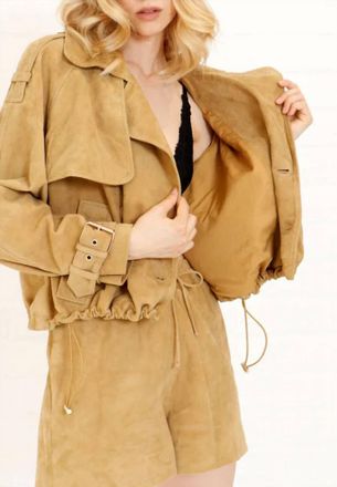 Cynthia Vincent Suede Leather Jacket In Camel