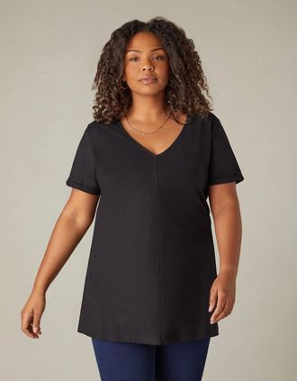 Live Unlimited London Womens Black Cotton Slub V-Neck Longline T-Shirt - Size: 12