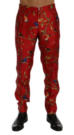Dolce & Gabbana Red Silk Bird Print Dress Mens Pants
