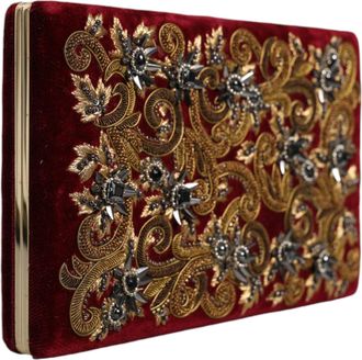 Dolce & Gabbana Womens Red Velvet Gold Frame Clutch Evening Party Purse Bag Cotton