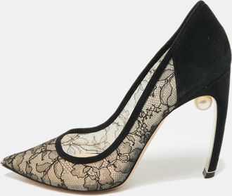Nicholas Kirkwood Black/beige Suede And Lace Pearl Embellished Pointed Toe Pumps