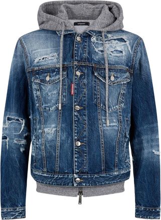 Dsquared2 Distressed Denim Jacket With Grey Hood And Ribbed Cuffs