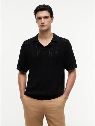 Tommy Hilfiger Mens Relaxed Fit Pointelle Sweater Polo - Black Heather - L