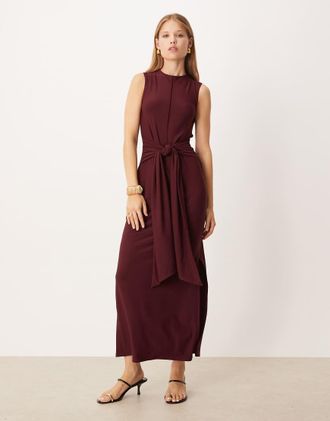 Asos Vestito lungo premium senza maniche bordeaux con nodo sul davanti-Rosso