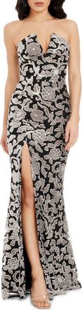 Dress The Population Fernanda Floral Sequin Strapless Evening Gown in Dove-Black at Nordstrom, Size Xx-Large