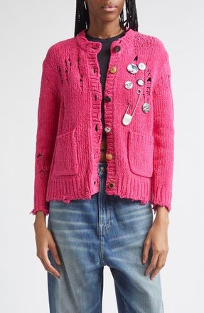 R13 Button Detail Ripped Cotton Cardigan in Pink at Nordstrom, Size X-Small