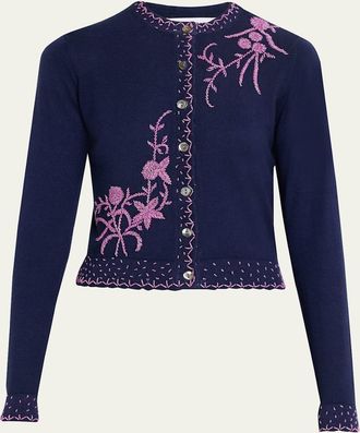 Prabal Gurung Embroidered Silk-Cashmere Crewneck Cardigan