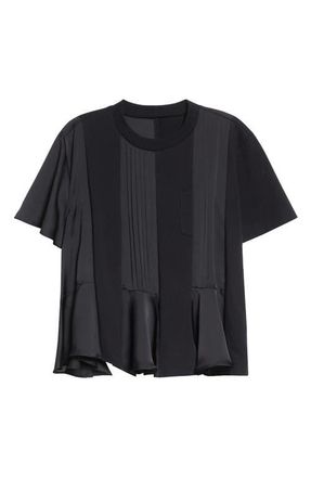 sacai Mixed Media Satin & Jersey T-Shirt in Black at Nordstrom, Size 4