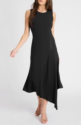 Santorelli Kylie Sleeveless Asymmetric Midi Crepe Dress in Black at Nordstrom, Size 12