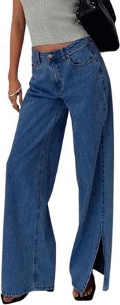 Generic Womens High Waisted Wide Leg Jeans - Split Hem Washed Denim Pants (Blue, L)