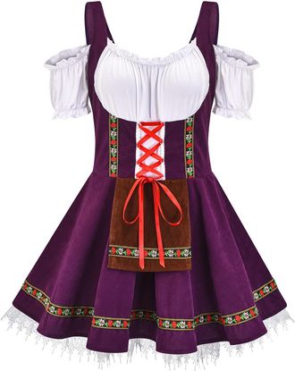 Generic Women Oktoberfest Outfit Off Shoulder German Beer Dirndl Dress Traditional Puff Short Sleeve Fancy Dress Bavarnian Costume for Carnival Halloween Part
