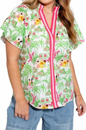 THML Clothing Vacation Scene Print Top In Green Pink