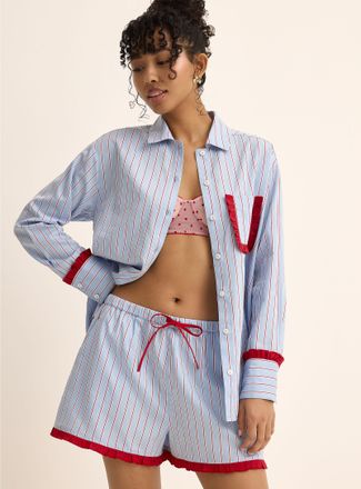 Miiyu Womens Striped and ruffled poplin pyjama short