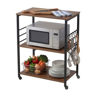 Relaxdays Carrito De Cocina Relaxdays, 3 Baldas, 6 Ganchos En S, 89 X 60 X 40 Cm, Mdf Y Acero, Estilo Industrial, Marr&oacute;n/negro