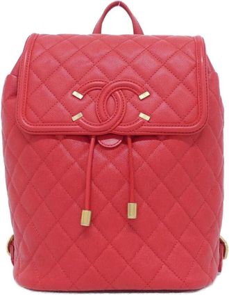 Chanel Red Color Grained Calfskin Backpack (Pre-Owned)