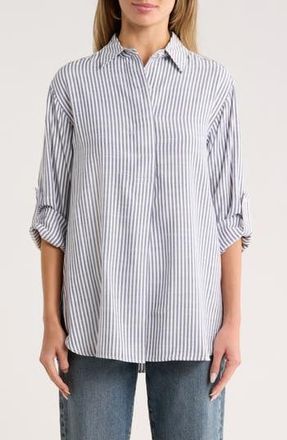 Max Studio Stripe Oversize Long Sleeve Button-Up Tunic in Indigo/Off White at Nordstrom Rack, Size Small