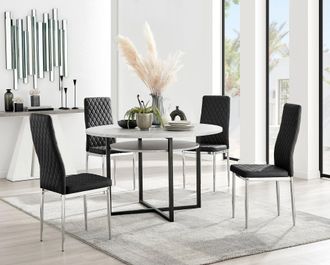 Furniturebox Adley Grey Concrete Effect Round Dining Table & 4 Velvet Milan Chairs in Black