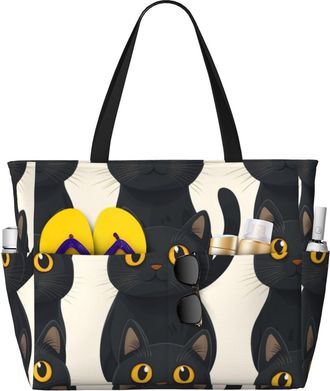 Generic Cute Cat Print Large Beach Bag Foldable Travel Shoulder Tote Bag With Pocket For Weekender Pool Vacation