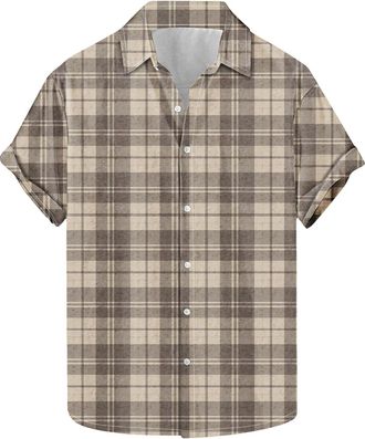 Generic Mens Checked Shirt Flannel Shirt for Men Short Sleeve Casual Shirts Summer Tops Tartan Button Down Shirts Regular Fit Dress Holiday Tops Beach Plaid