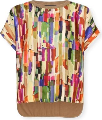 Elena Miro T-shirt van twee stoffen met print - Dames - Blouses - Veelkleurig - XL - Katoen - Overhemden