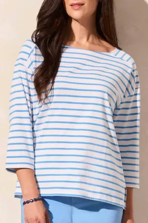 Tribal Codi Three Quarter Sleeve Boat Neck Knit Top In Deep Sea