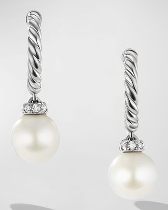 David Yurman Pearl and Pave Solari Drop Earrings with Diamonds in Silver, 5mm, 0.75L
