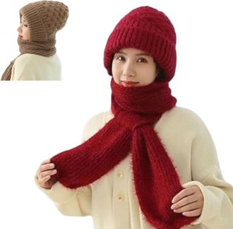 Generic Winter Versatile Knitted Hooded Scarf,Womens Integrated Ear Protection Windproof Hat,Thickened Fleece Lined Warm Beanie Hats (UK, Alpha, One Size, Red